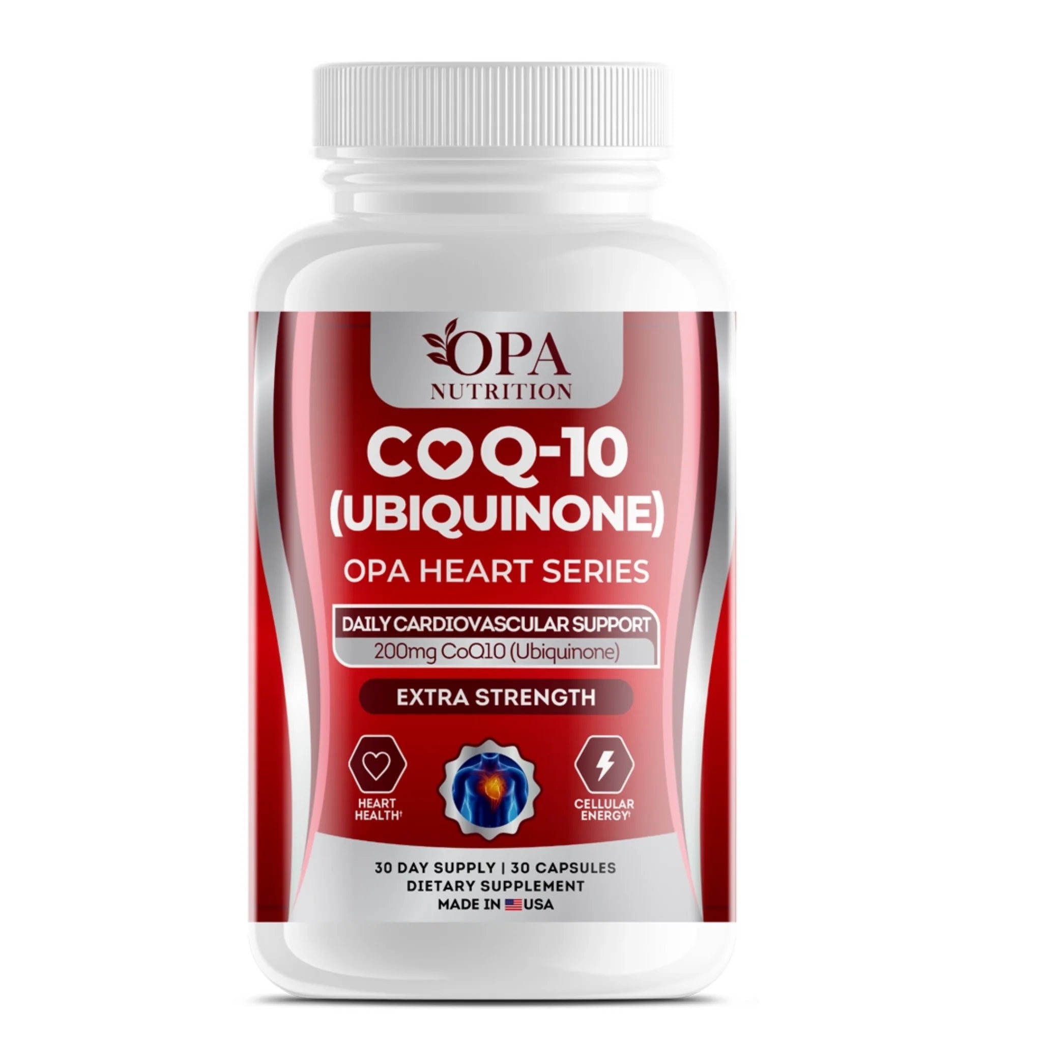 OPA Nutrition CoQ-10 Ubiquinone Heart Series supplement bottle for cardiovascular support and cellular energy