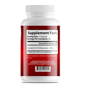 Supplement Facts label on OPA Nutrition CoQ-10 Ubiquinone showing 200mg CoQ10 per serving