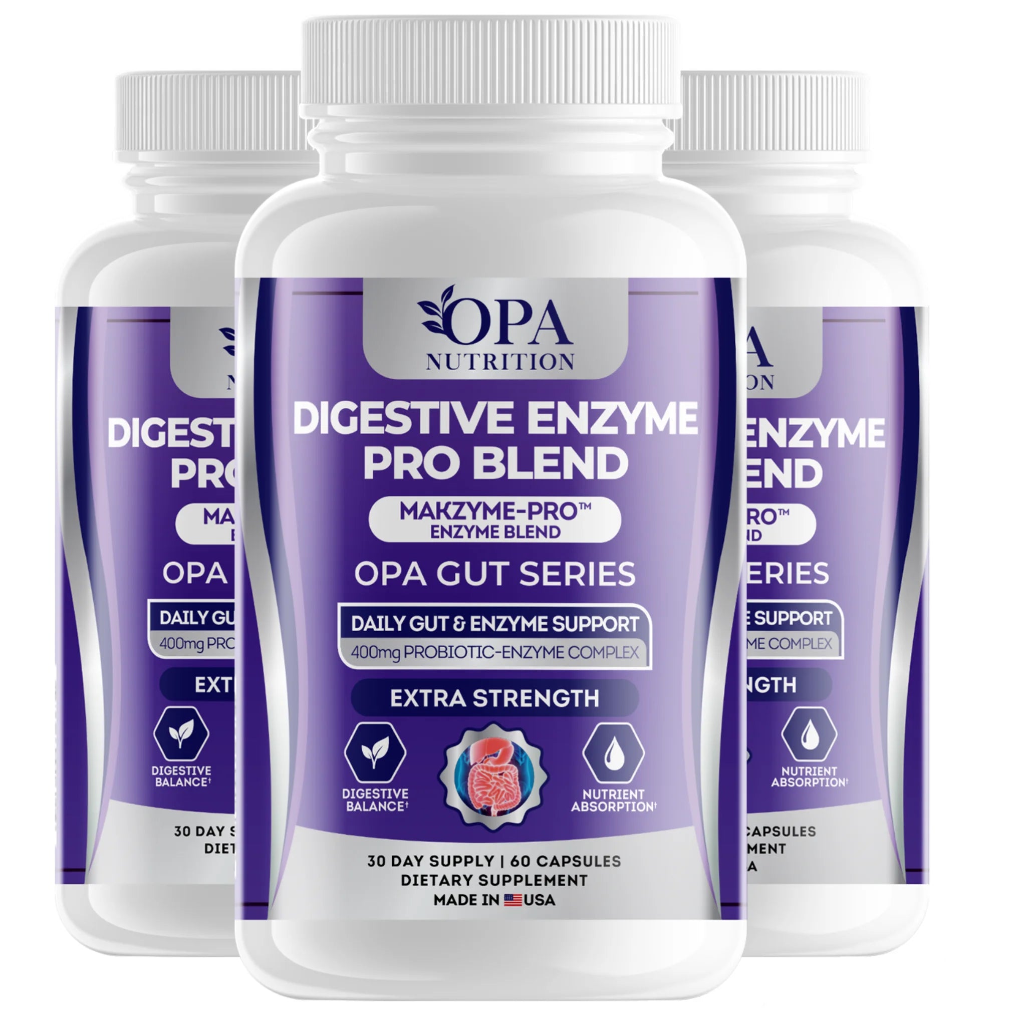 Three-pack of OPA Nutrition Digestive Enzyme Pro Blend Gut Series bottles for daily gut, enzyme, digestive balance and nutrient absorption support