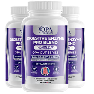 Three-pack of OPA Nutrition Digestive Enzyme Pro Blend Gut Series bottles for daily gut, enzyme, digestive balance and nutrient absorption support