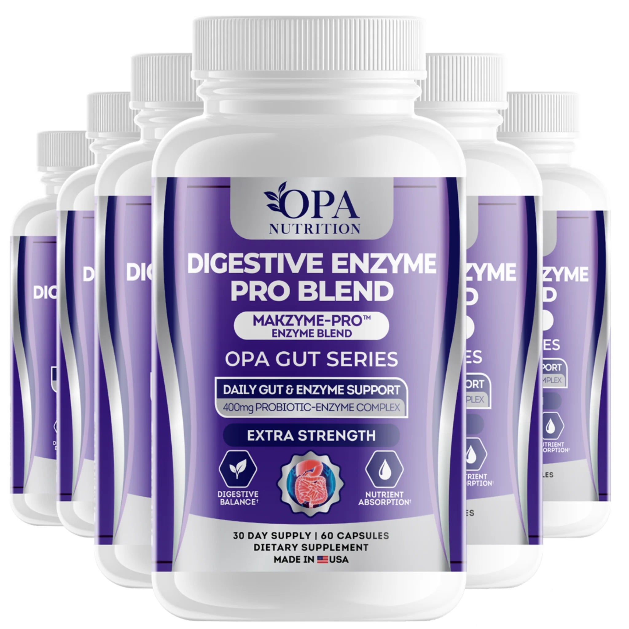 Six-pack of OPA Nutrition Digestive Enzyme Pro Blend Gut Series bottles with Makzyme-Pro enzyme blend for digestive balance and nutrient absorption support