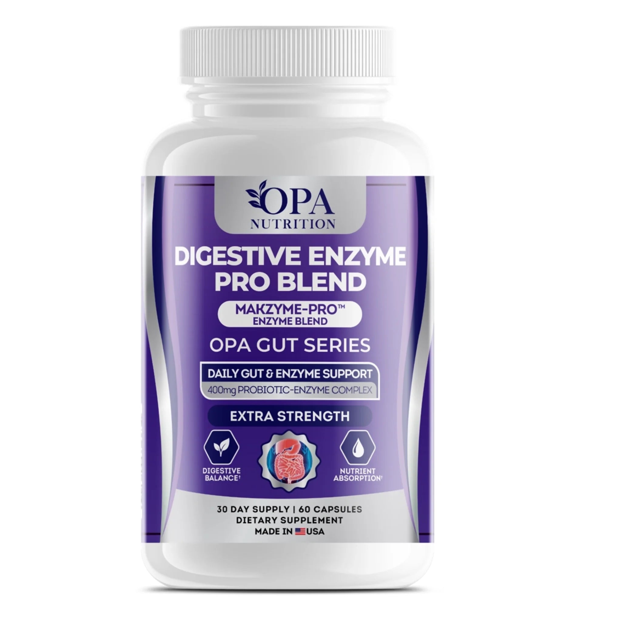 OPA Nutrition Digestive Enzyme Pro Blend Gut Series supplement bottle with Makzyme-Pro enzyme blend for digestive balance and nutrient absorption support