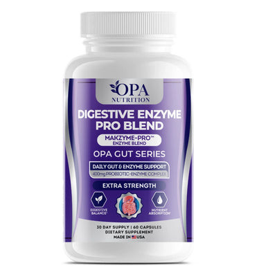 OPA Nutrition Digestive Enzyme Pro Blend Gut Series supplement bottle with Makzyme-Pro enzyme blend for digestive balance and nutrient absorption support