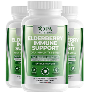 Three-pack of OPA Nutrition Elderberry Immune Support Immunity Series supplement bottles for year-round immune wellness support