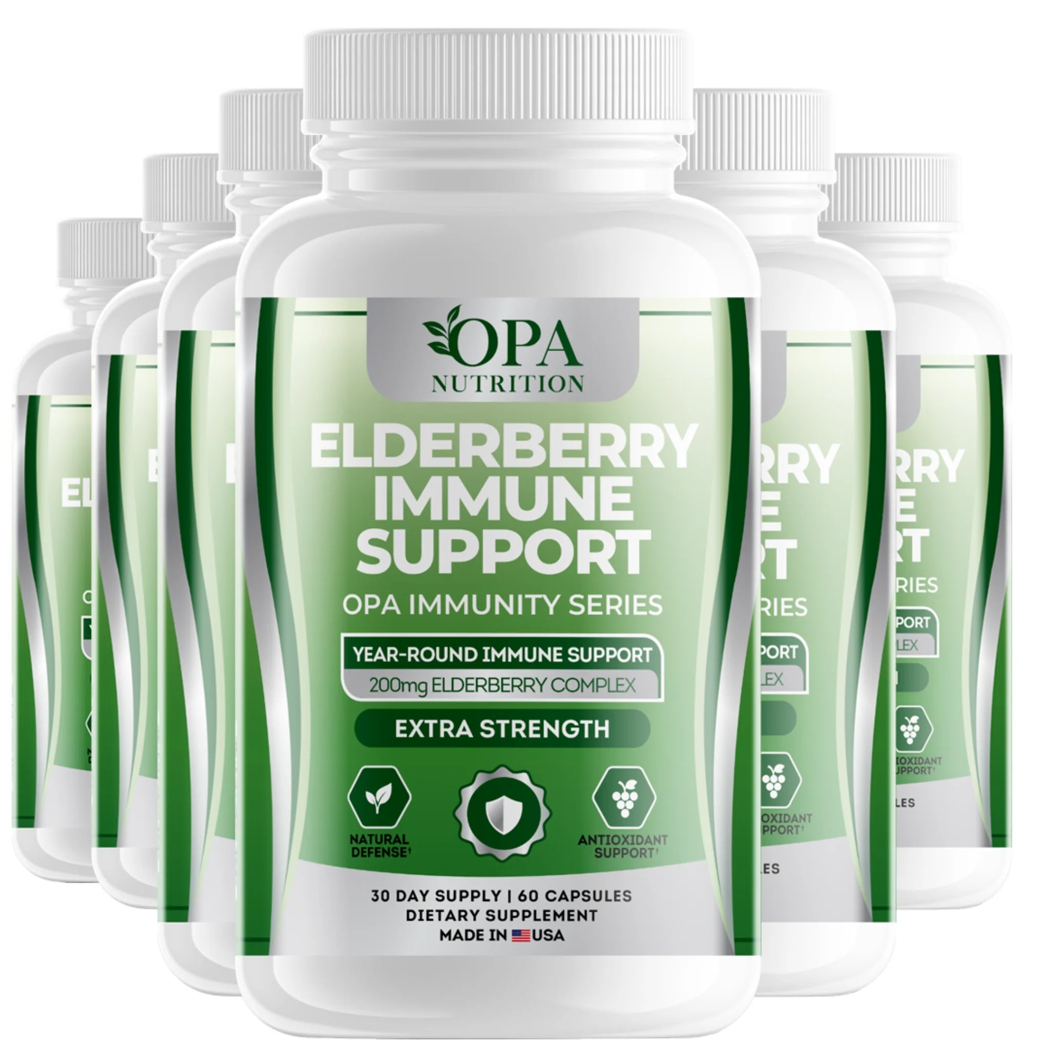 Six-pack of OPA Nutrition Elderberry Immune Support Immunity Series supplement bottles for year-round immune wellness support