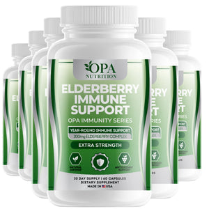 Six-pack of OPA Nutrition Elderberry Immune Support Immunity Series supplement bottles for year-round immune wellness support