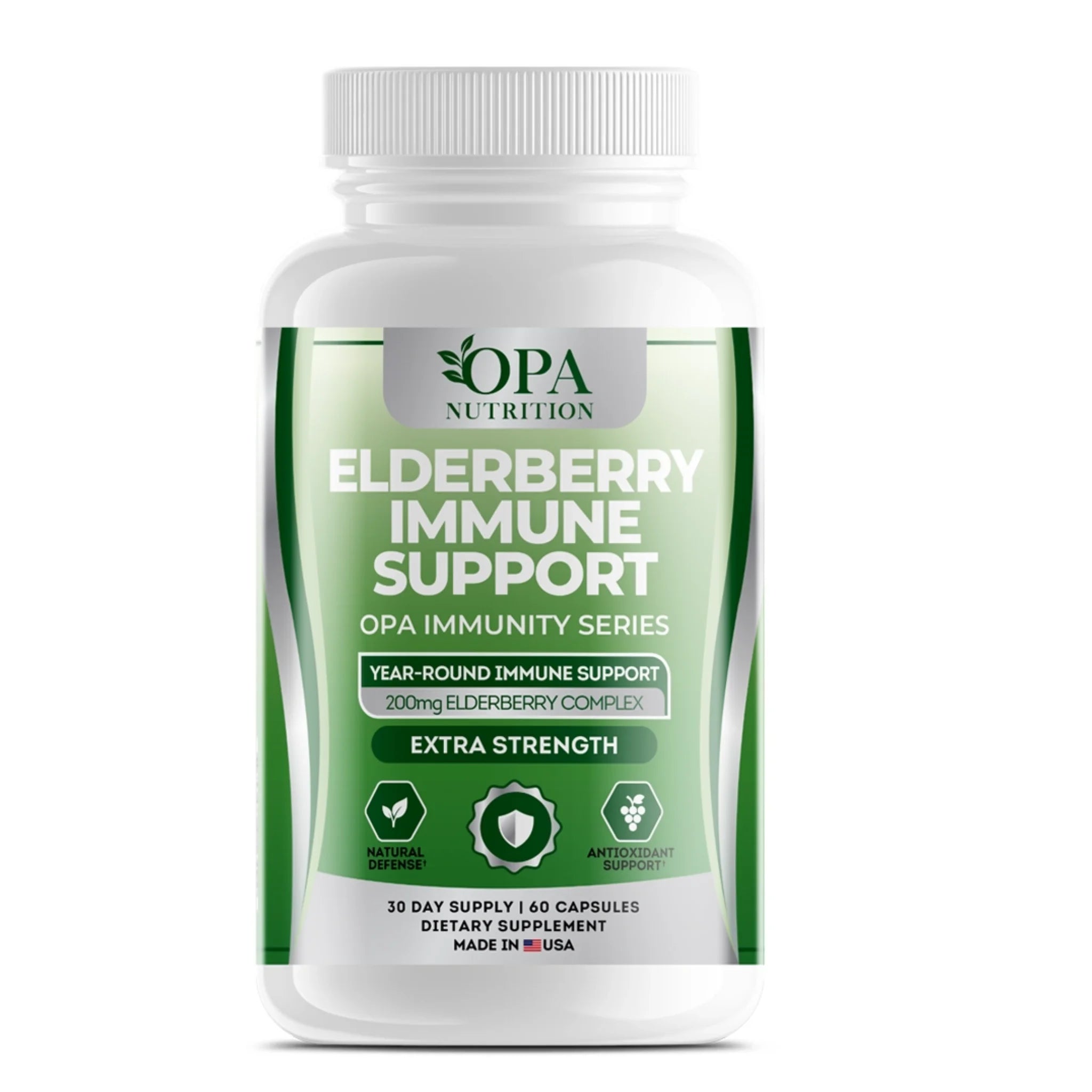OPA Nutrition Elderberry Immune Support Immunity Series supplement bottle with elderberry complex and antioxidant support