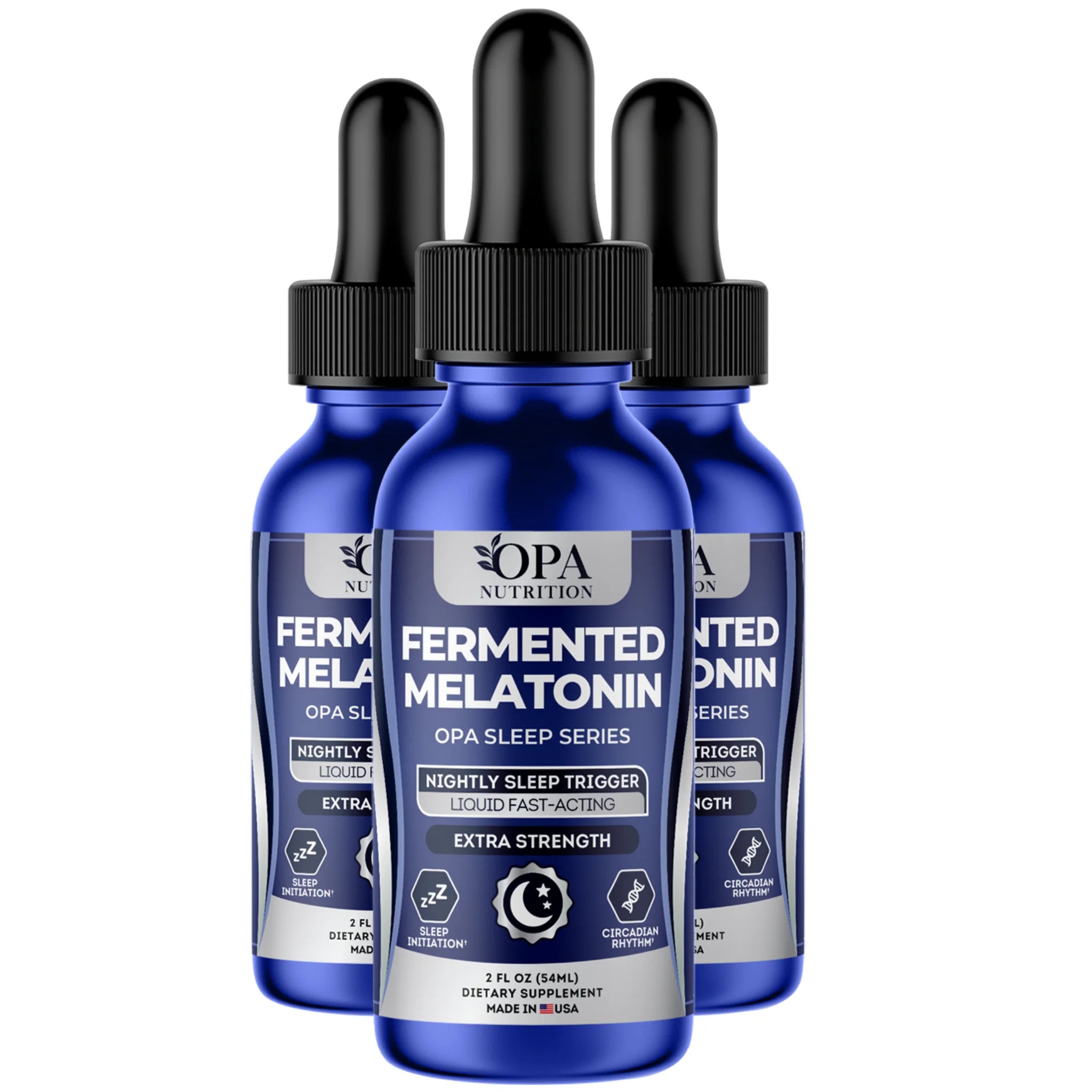 Three-pack of OPA Nutrition Fermented Melatonin Sleep Series liquid supplement bottles for nightly sleep support