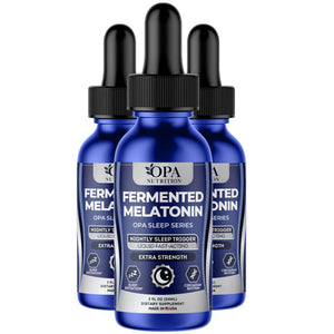 Three-pack of OPA Nutrition Fermented Melatonin Sleep Series liquid supplement bottles for nightly sleep support