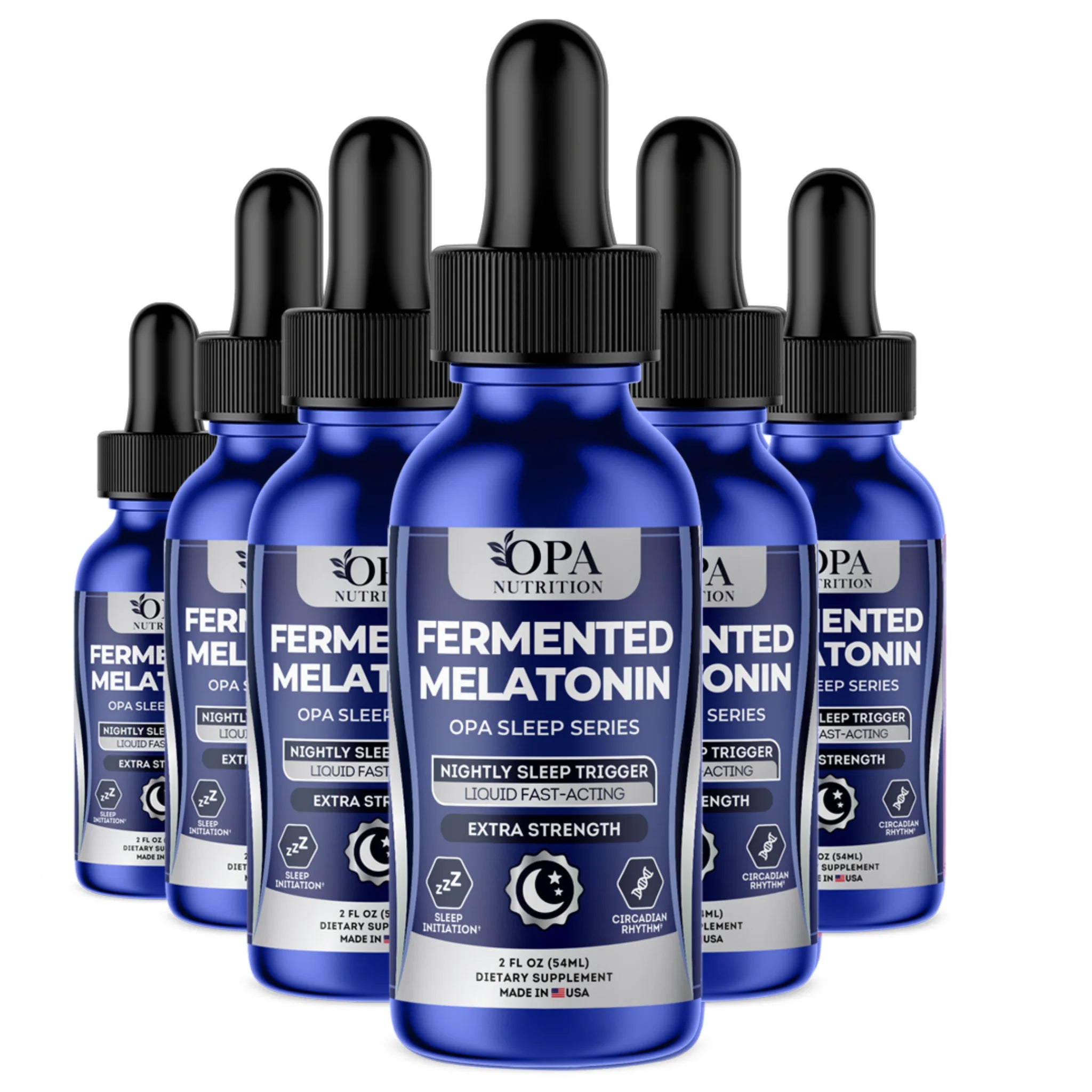 Six-pack of OPA Nutrition Fermented Melatonin Sleep Series liquid supplement bottles for nightly sleep support