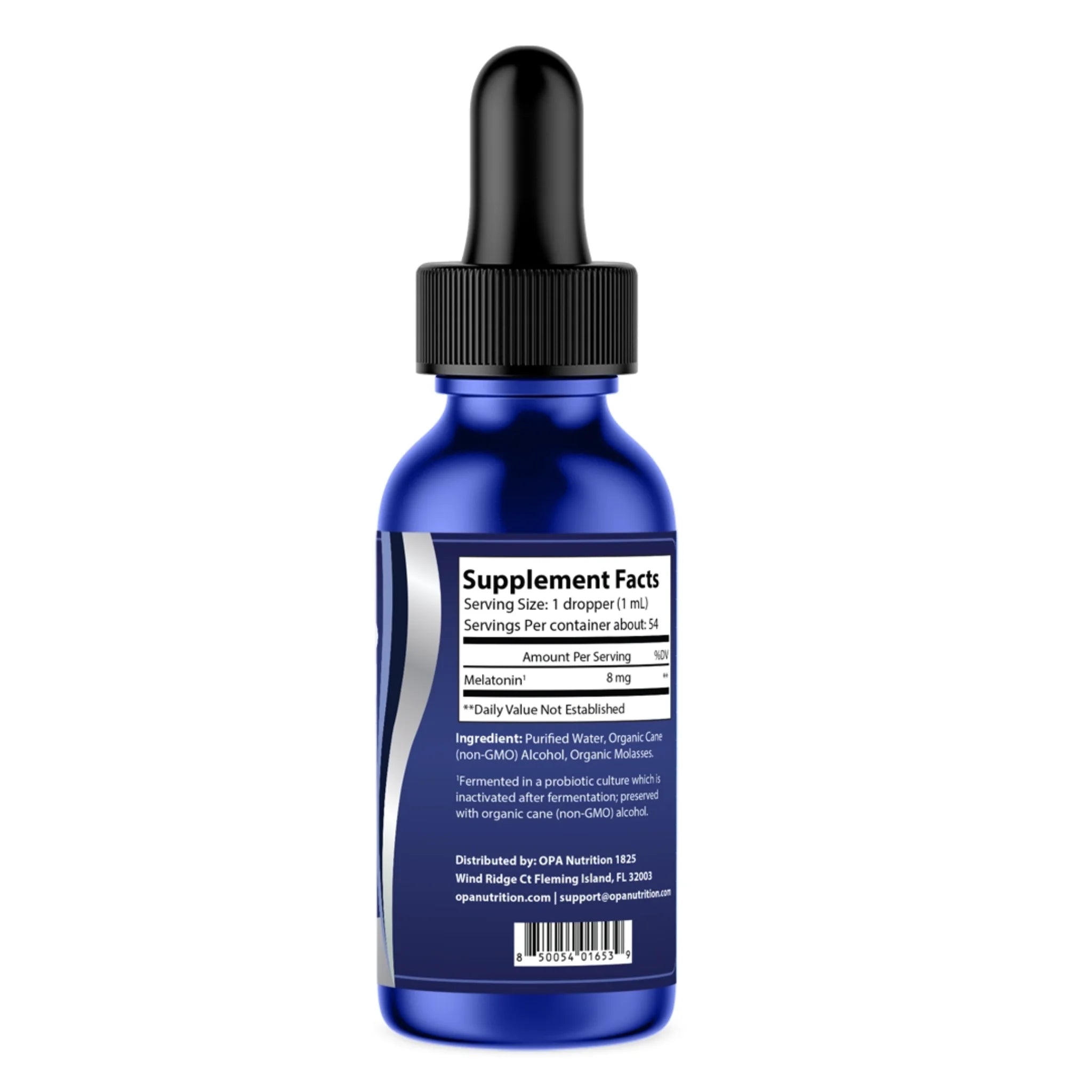 Supplement Facts label on OPA Nutrition Fermented Melatonin Sleep Series liquid supplement bottle