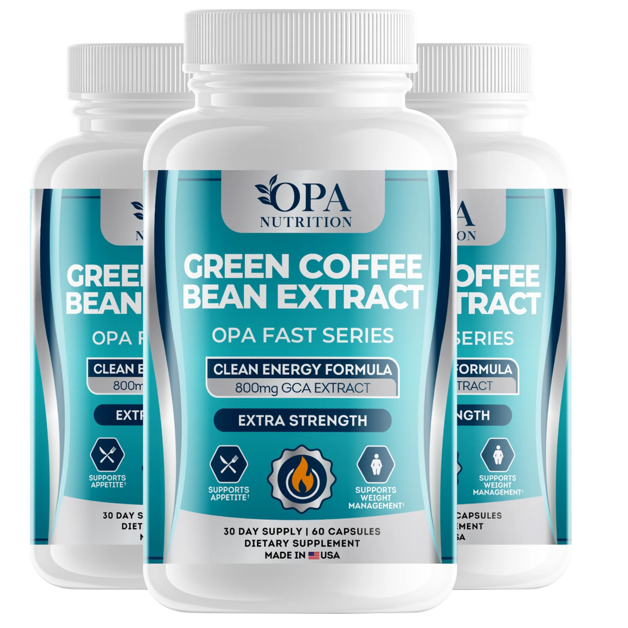Three-pack of OPA Nutrition Green Coffee Bean Extract Fast Series supplement bottles for clean energy and weight management support