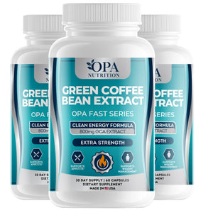 Three-pack of OPA Nutrition Green Coffee Bean Extract Fast Series supplement bottles for clean energy and weight management support