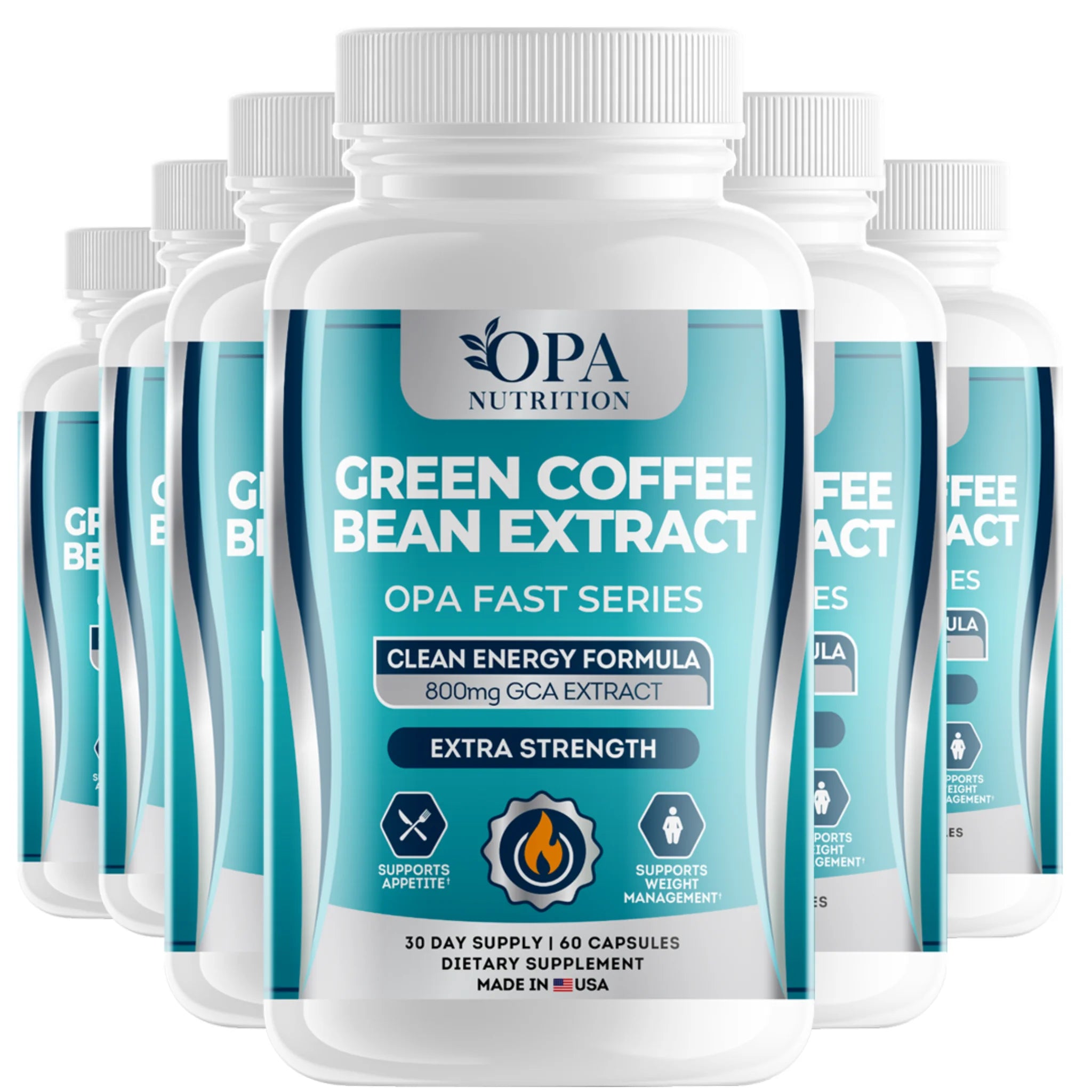 Six-pack of OPA Nutrition Green Coffee Bean Extract Fast Series supplement bottles for clean energy and weight management support