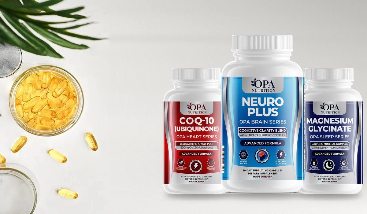 OPA Nutrition CoQ-10, Neuro Plus and Magnesium Glycinate supplement bottles