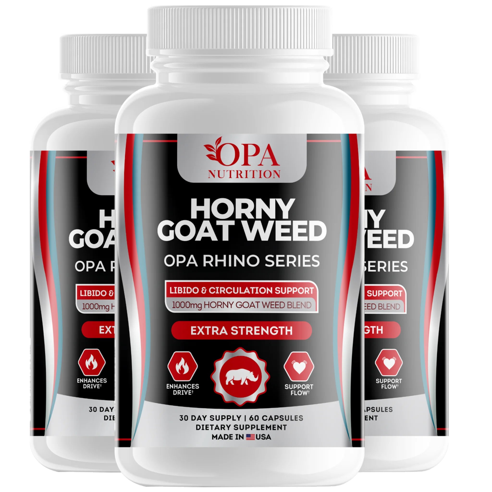 Three-pack of OPA Nutrition Horny Goat Weed Rhino Series men’s vitality supplement bottles for daily wellness and circulation support