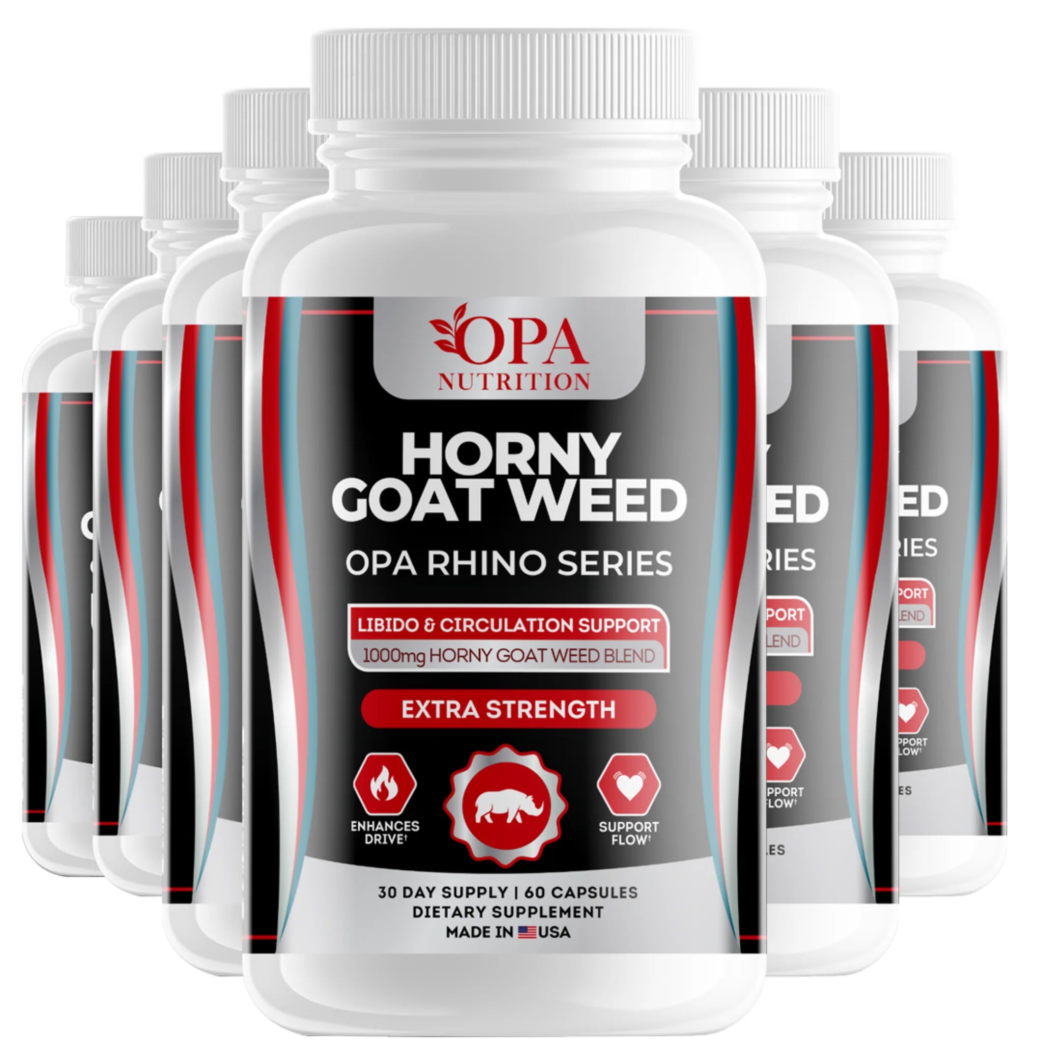Six-pack of OPA Nutrition Horny Goat Weed Rhino Series men’s vitality supplement bottles for daily wellness and circulation support