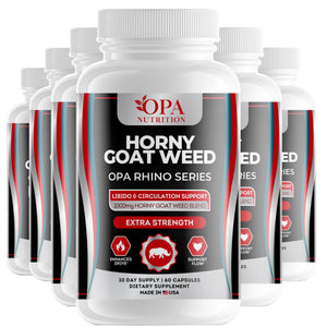 Six-pack of OPA Nutrition Horny Goat Weed Rhino Series men’s vitality supplement bottles for daily wellness and circulation support