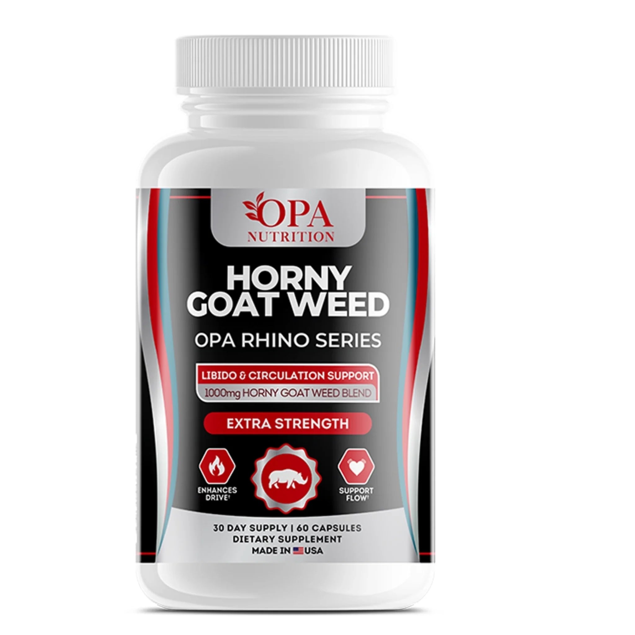 OPA Nutrition Horny Goat Weed Rhino Series men’s vitality supplement bottle with circulation support formula