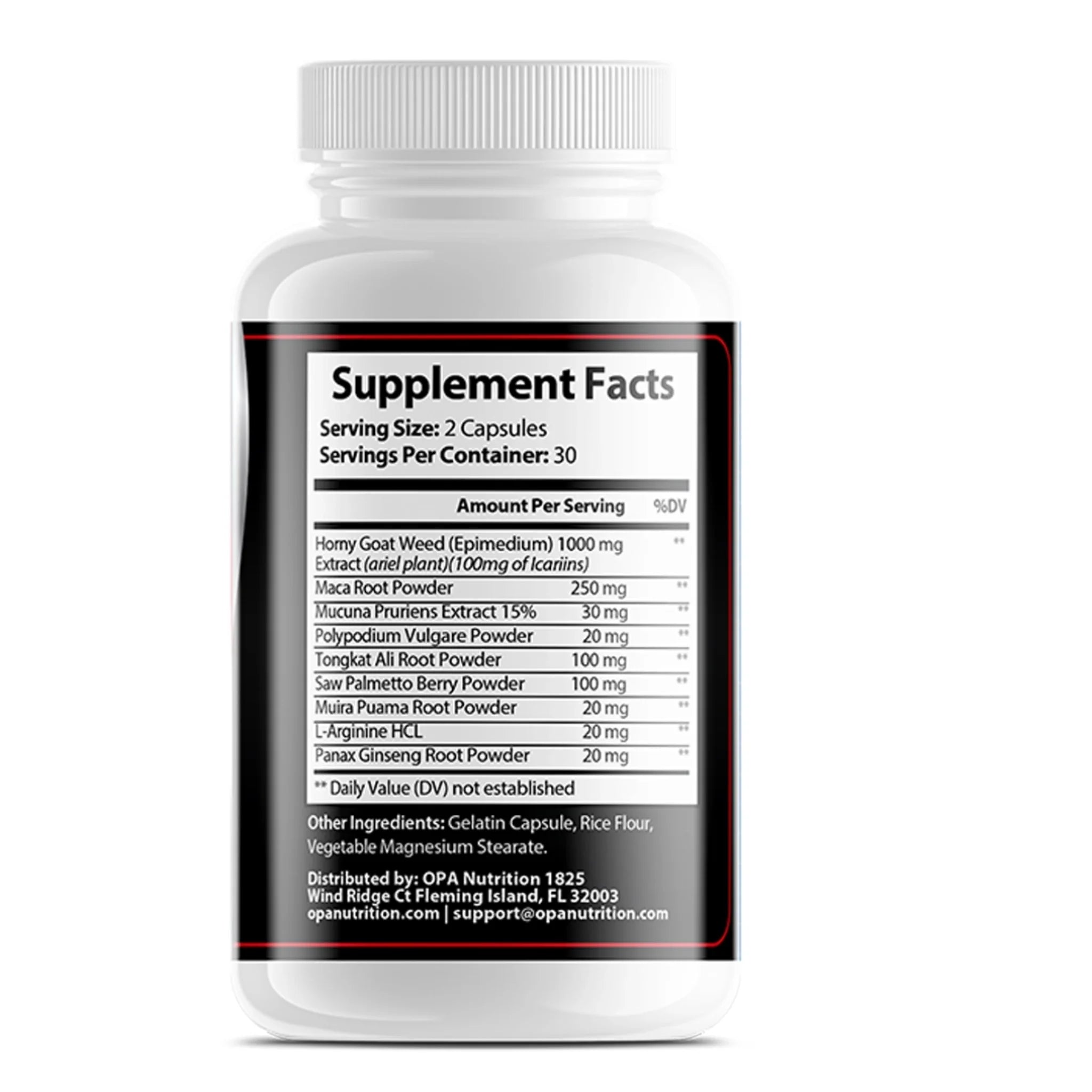 Supplement Facts label on OPA Nutrition Horny Goat Weed Rhino Series men’s vitality supplement bottle