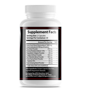 Supplement Facts label on OPA Nutrition Horny Goat Weed Rhino Series men’s vitality supplement bottle