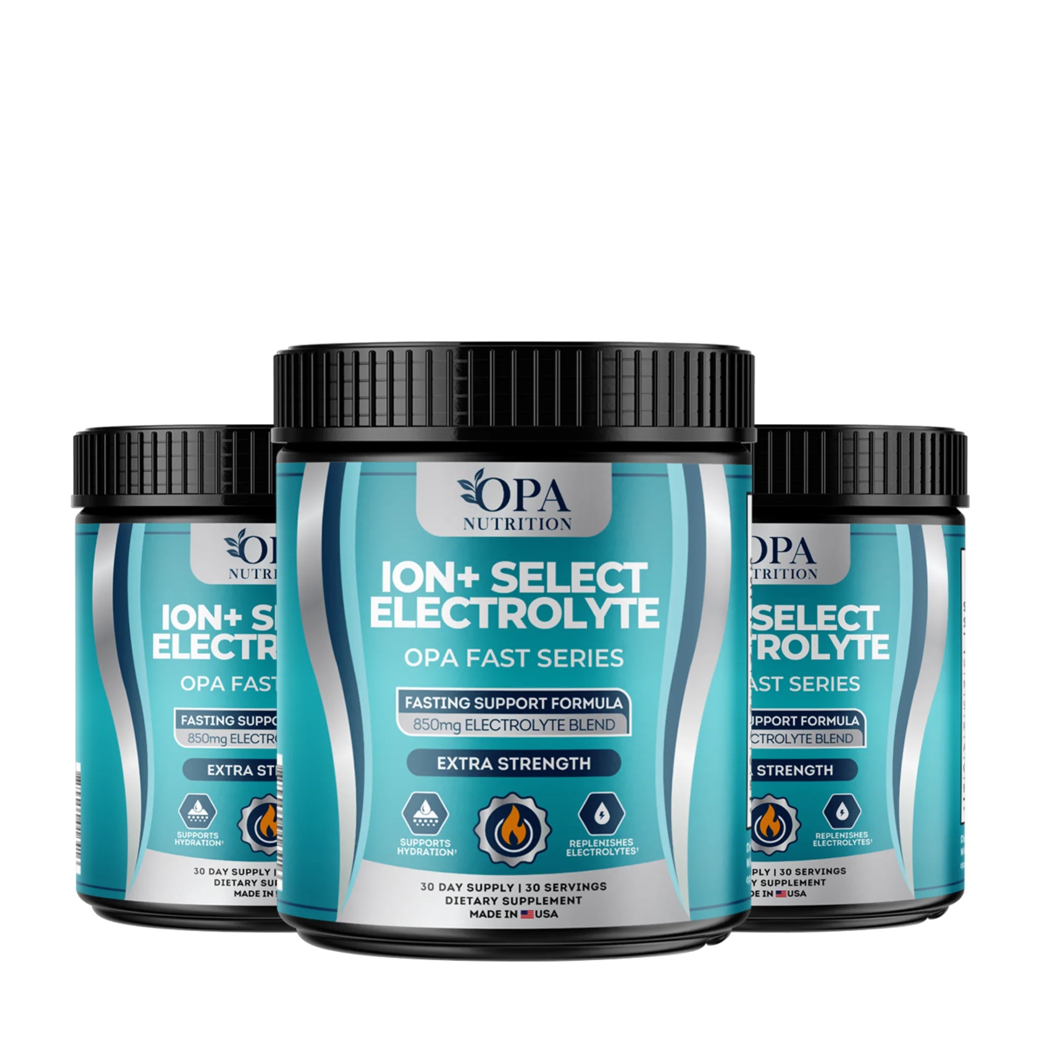 Three-pack of OPA Nutrition ION+ Select Electrolyte Fast Series powder containers for hydration and mineral replenishment support