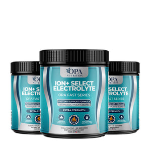Three-pack of OPA Nutrition ION+ Select Electrolyte Fast Series powder containers for hydration and mineral replenishment support