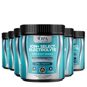 Six-pack of OPA Nutrition ION+ Select Electrolyte Fast Series powder containers for hydration and mineral replenishment support