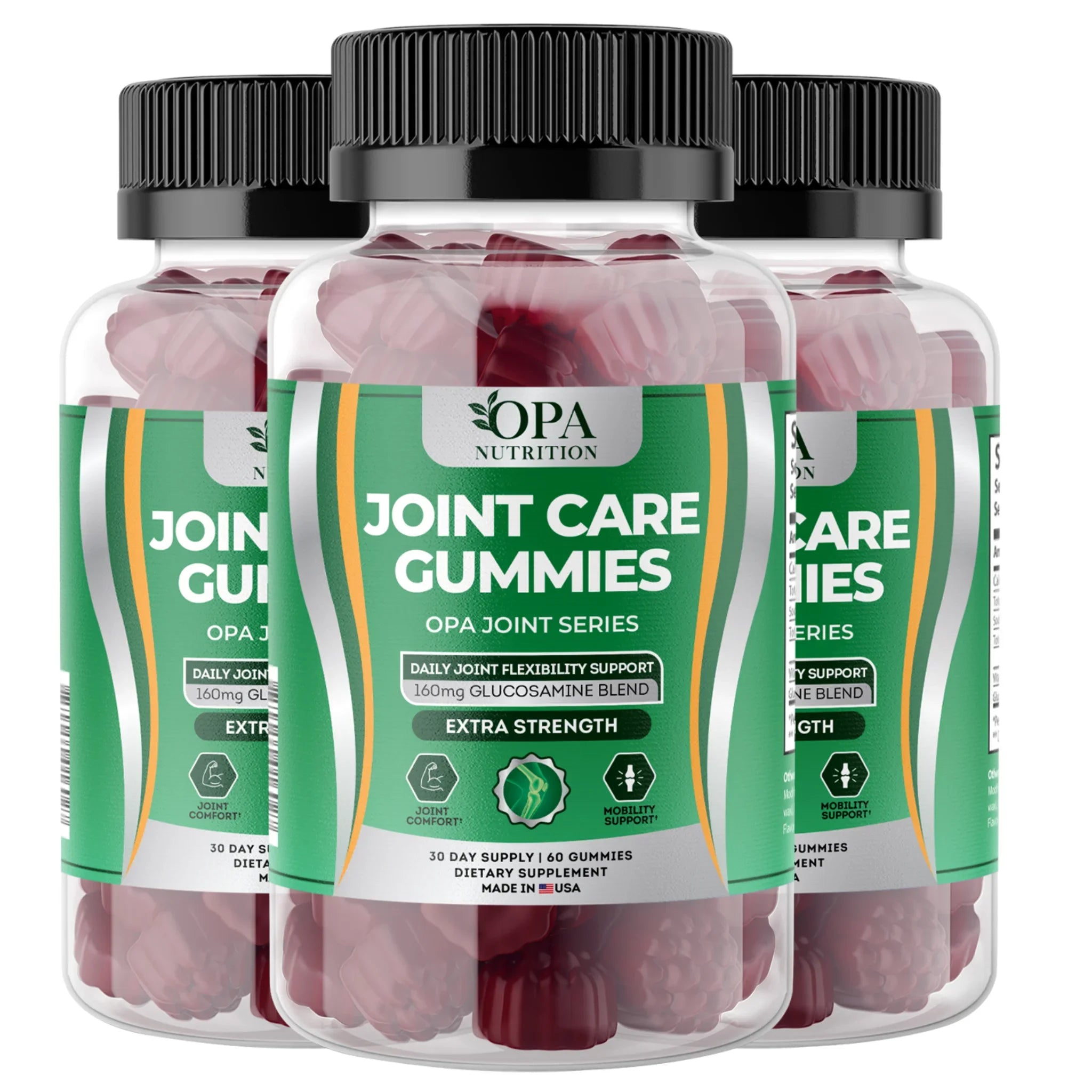 Three-pack of OPA Nutrition Joint Care Gummies Joint Series bottles for daily joint comfort, flexibility and mobility support