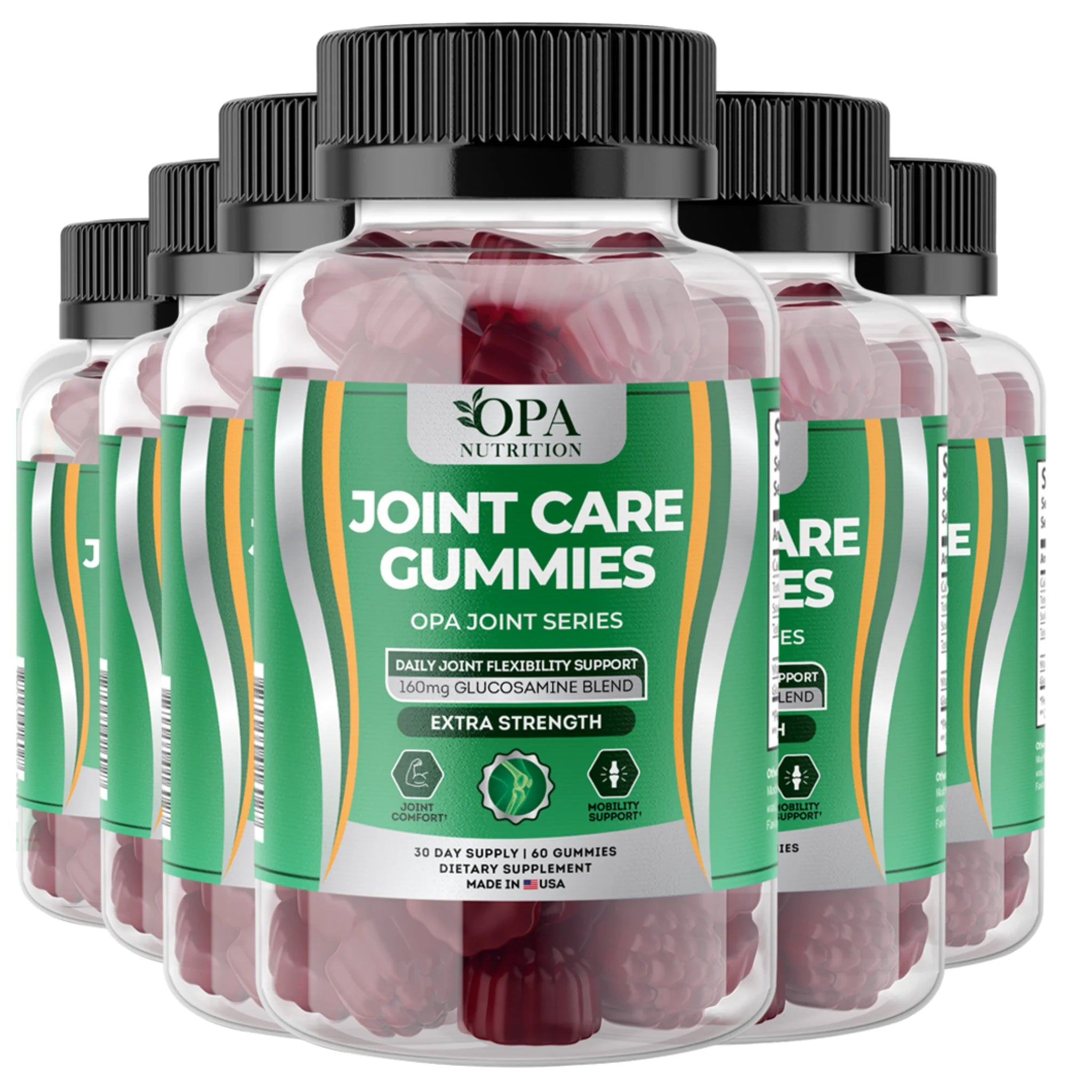 Six-pack of OPA Nutrition Joint Care Gummies with glucosamine blend for active joint comfort and mobility support