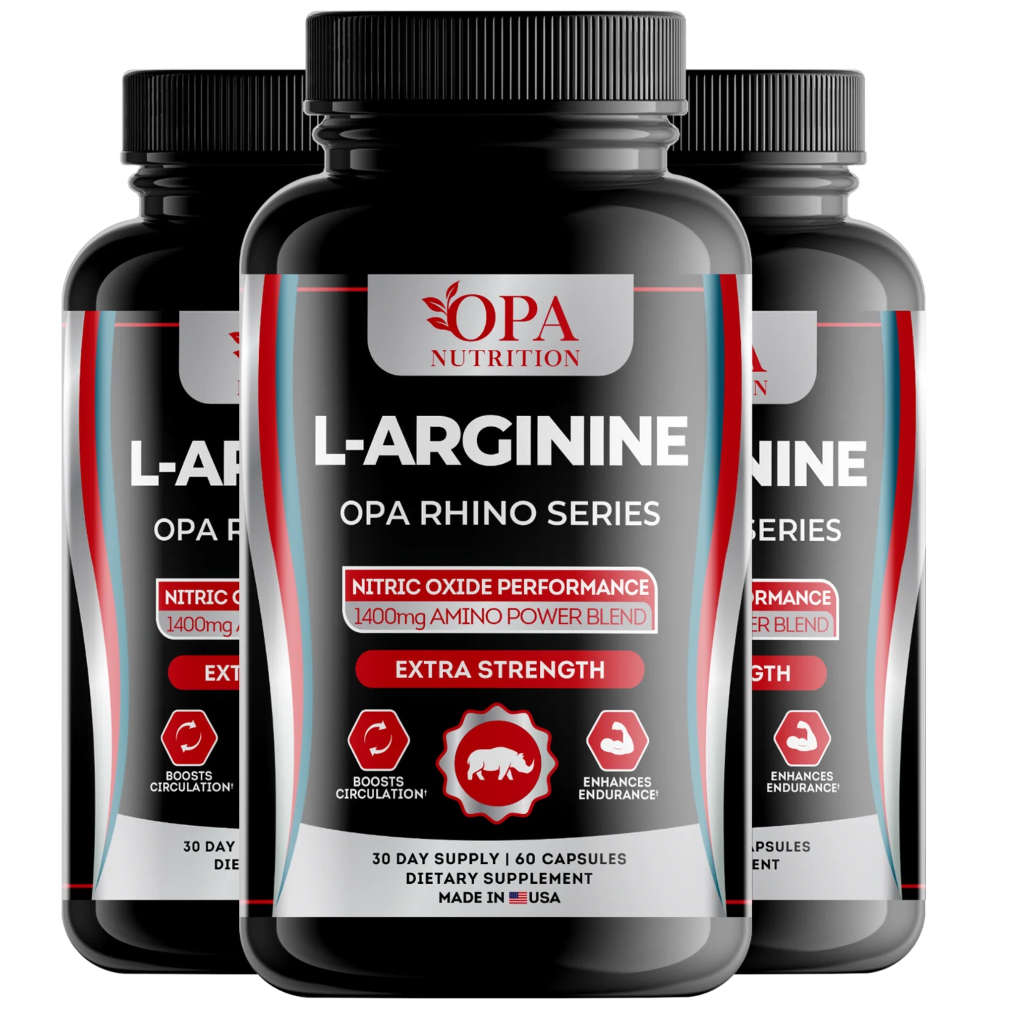 Three-pack of OPA Nutrition L-Arginine Rhino Series supplement bottles for performance endurance and active-lifestyle support