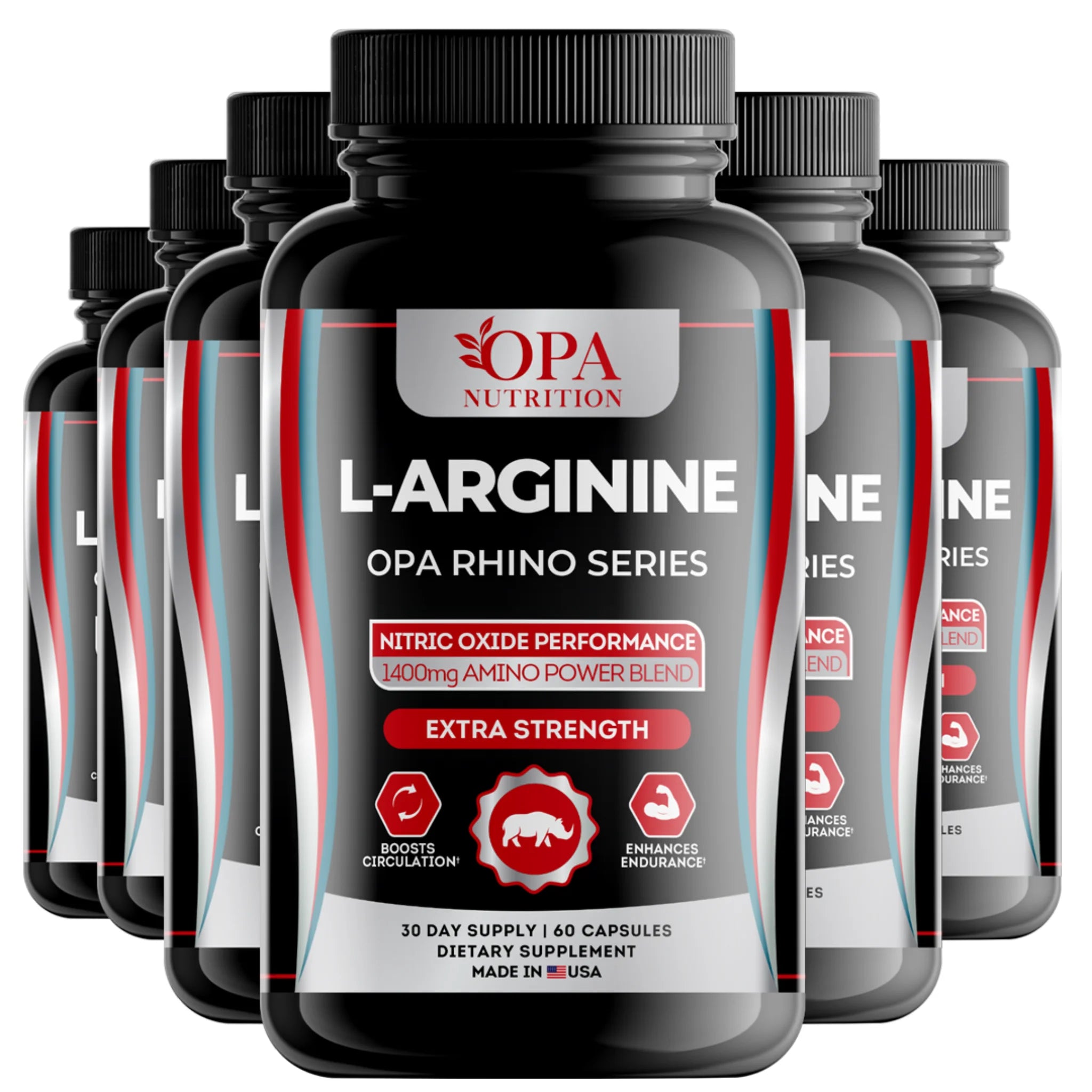 Six-pack of OPA Nutrition L-Arginine Rhino Series supplement bottles for performance endurance and active-lifestyle support