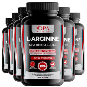 Six-pack of OPA Nutrition L-Arginine Rhino Series supplement bottles for performance endurance and active-lifestyle support