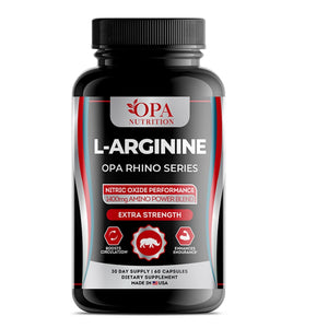 OPA Nutrition L-Arginine Rhino Series supplement bottle with nitric oxide performance amino blend