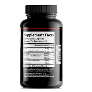 Supplement Facts label on OPA Nutrition L-Arginine Rhino Series performance support supplement bottle