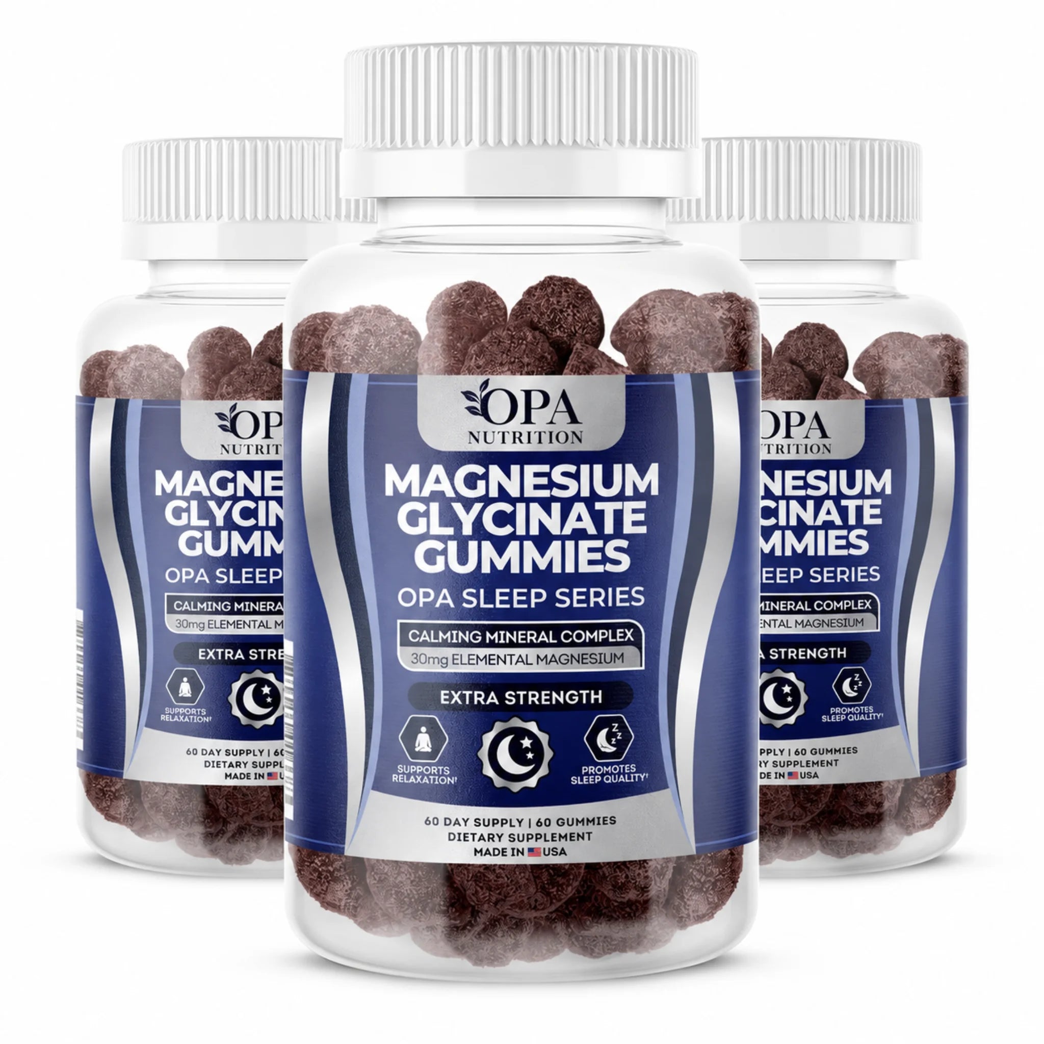 Three-pack of OPA Nutrition Magnesium Glycinate Gummies bottles from the OPA Sleep Series with extra strength calming mineral complex and sleep support on a white background