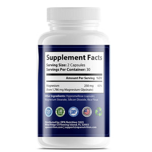 Supplement Facts label on OPA Nutrition Magnesium Glycinate Sleep Series supplement bottle