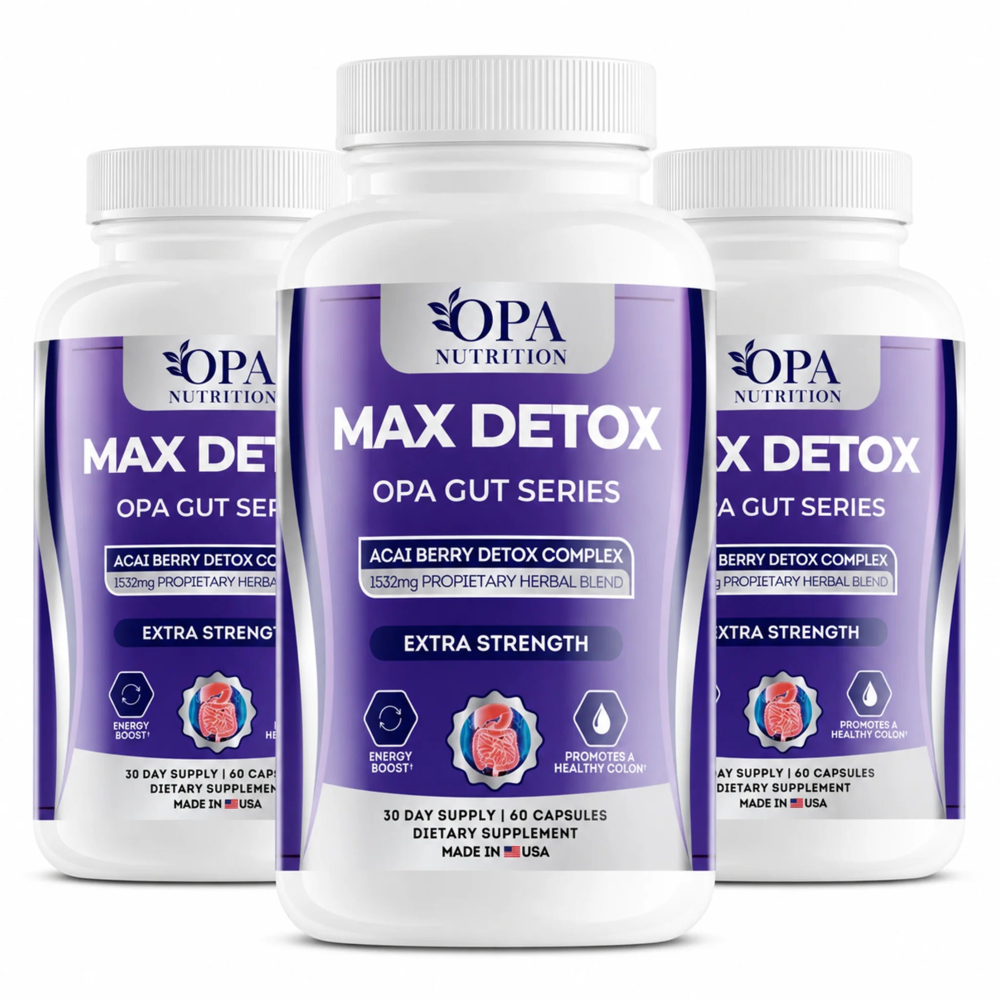 Three-pack of OPA Nutrition Max Detox OPA Gut Series supplement bottles with Acai Berry Detox Complex on a white background