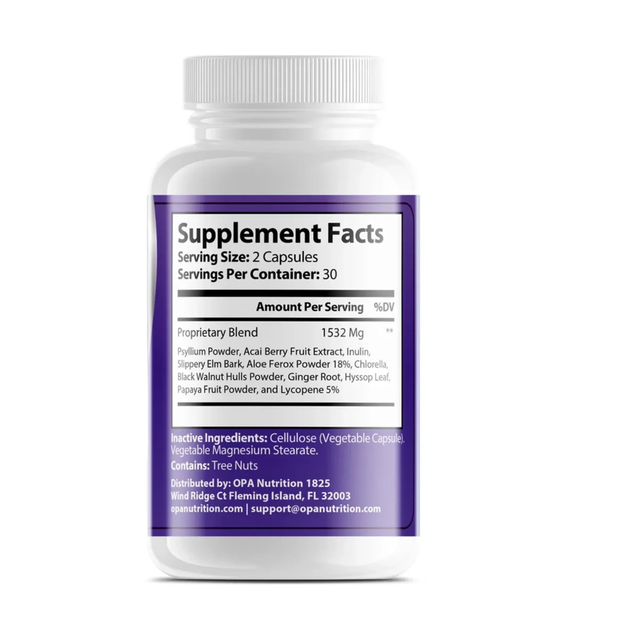 Supplement Facts label for OPA Nutrition Max Detox showing serving size, proprietary herbal blend, and ingredient details