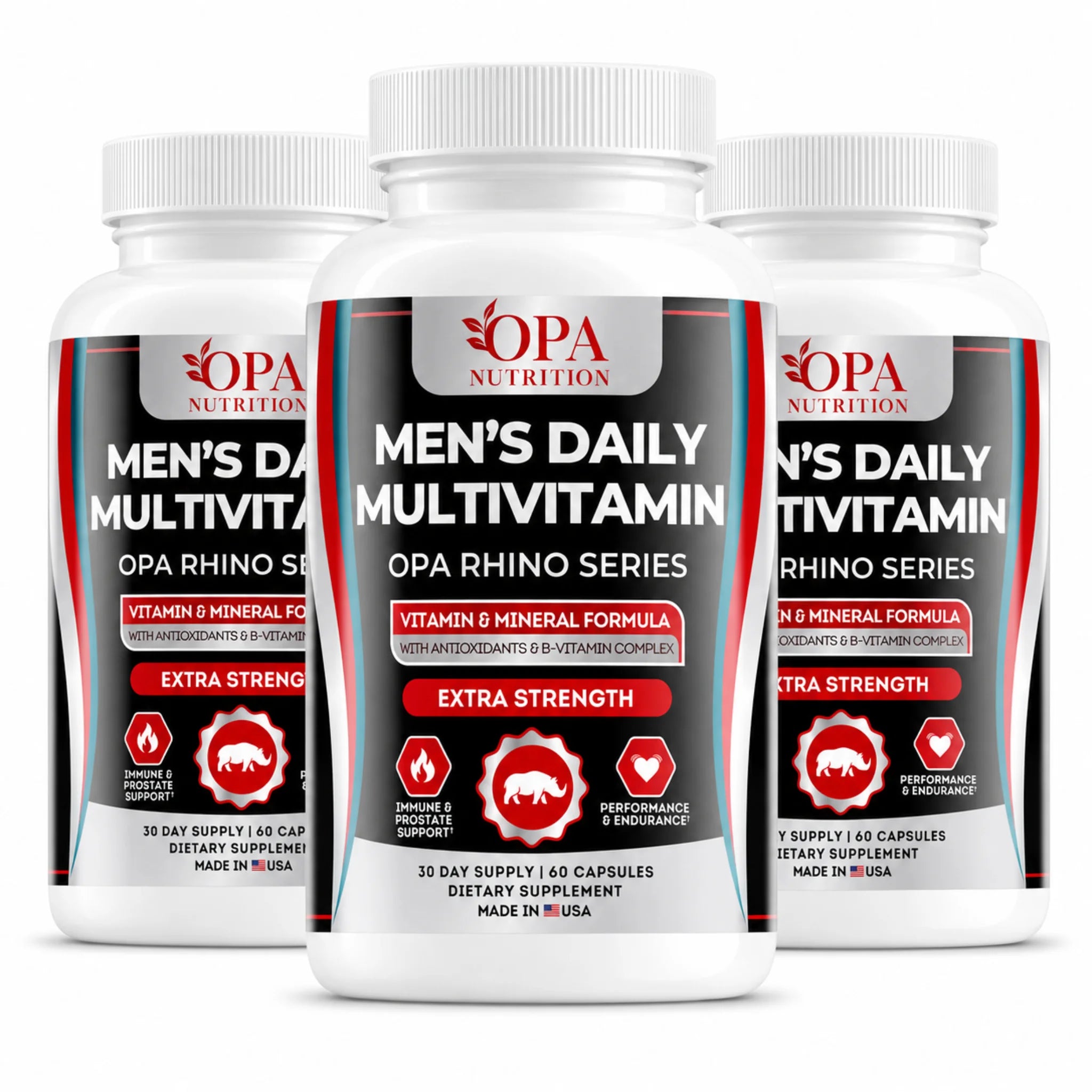 OPA Nutrition Men’s Daily Multivitamin 3-pack bundle image featuring three white supplement bottles, OPA Rhino Series extra strength multivitamin, 60 capsules each