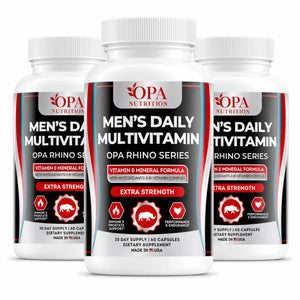 OPA Nutrition Men’s Daily Multivitamin 3-pack bundle image featuring three white supplement bottles, OPA Rhino Series extra strength multivitamin, 60 capsules each