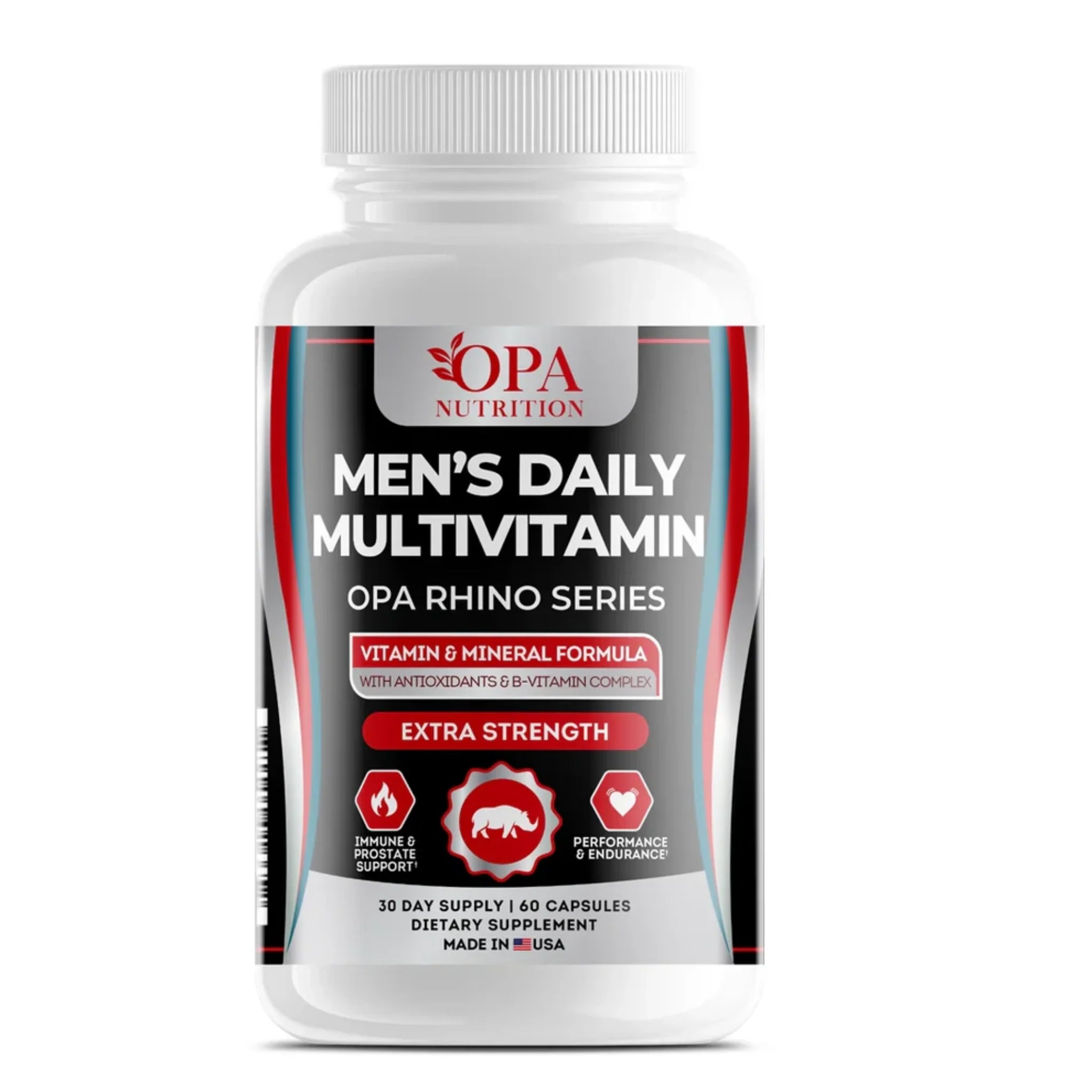 OPA Nutrition Men’s Daily Multivitamin front label bottle, OPA Rhino Series extra strength vitamin and mineral formula with antioxidants and B-vitamin complex, 60 capsules