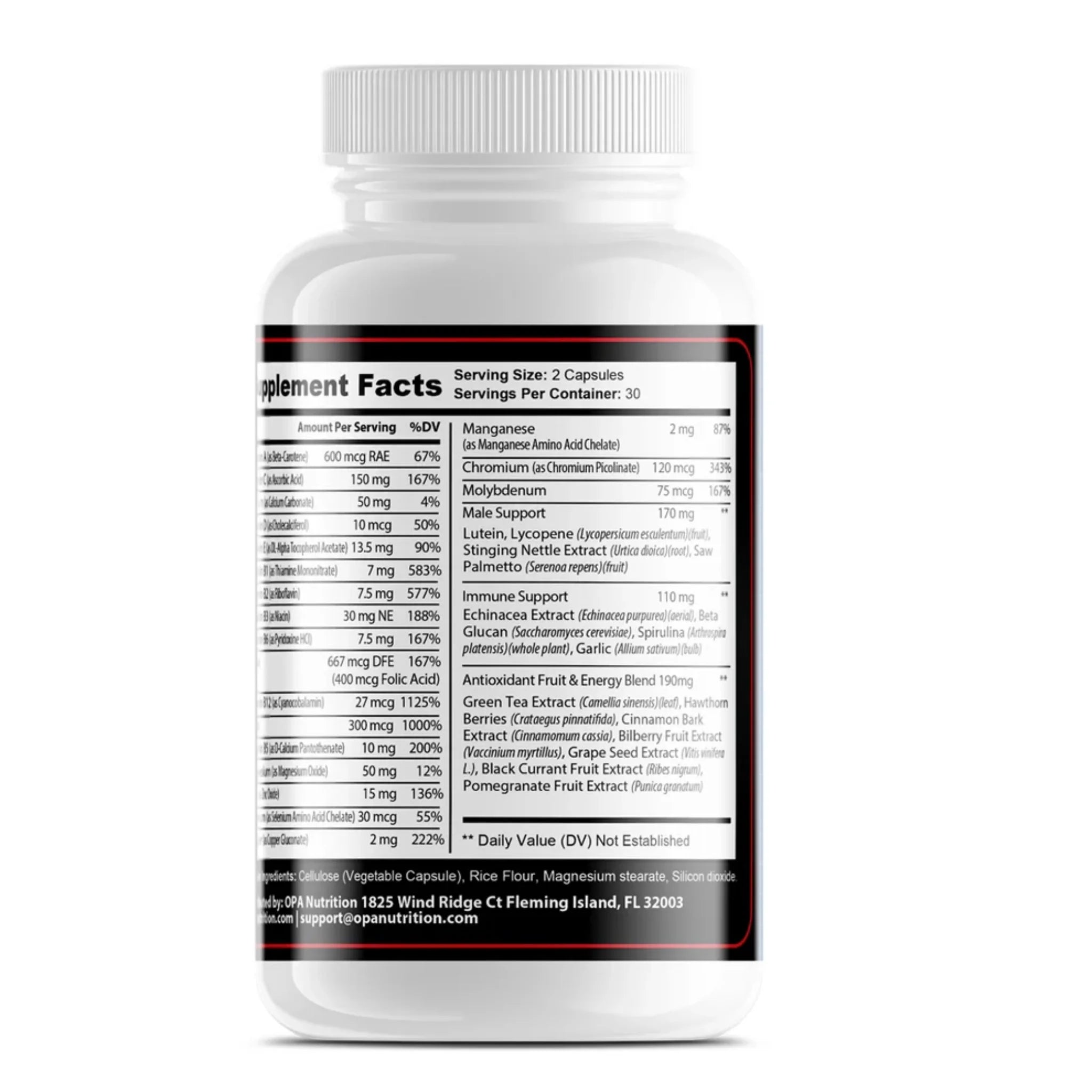OPA Nutrition Men’s Daily Multivitamin supplement facts label showing serving size, vitamins, minerals, male support blend, immune support blend, and antioxidant fruit and energy blend