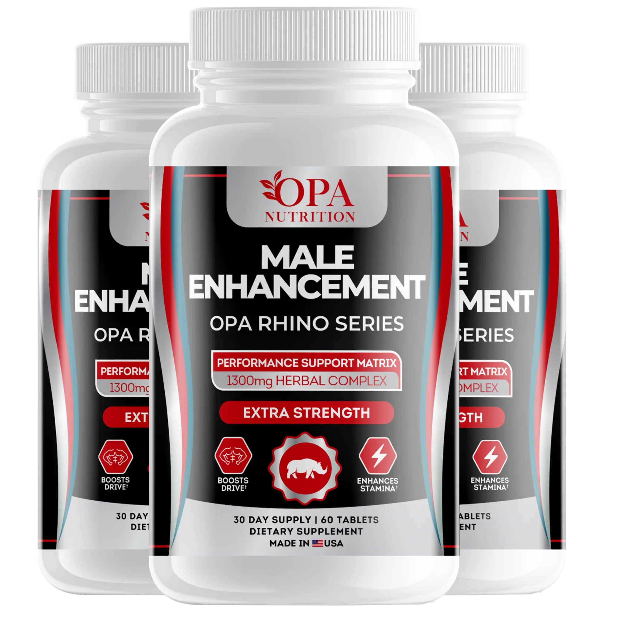 Three-pack of OPA Nutrition Men’s Performance Support Rhino Series bottles for daily vitality, stamina and active-lifestyle support