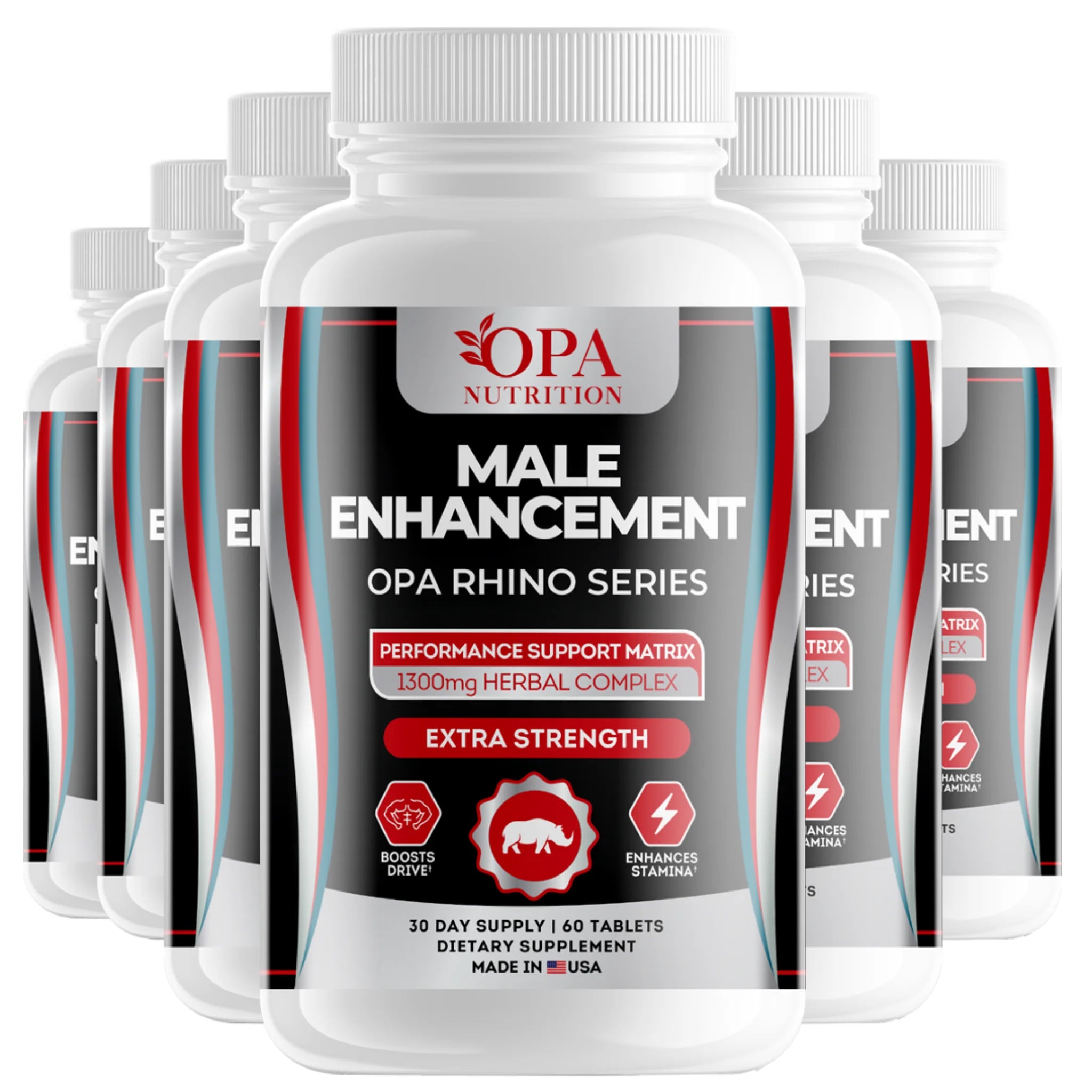 Six-pack of OPA Nutrition Men’s Performance Support Rhino Series bottles with 1300mg herbal complex for men’s daily performance support