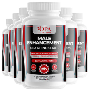 Six-pack of OPA Nutrition Men’s Performance Support Rhino Series bottles with 1300mg herbal complex for men’s daily performance support