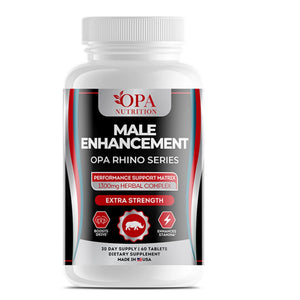 OPA Nutrition Men’s Performance Support Rhino Series supplement bottle with 1300mg herbal complex for daily vitality, stamina and active-lifestyle support