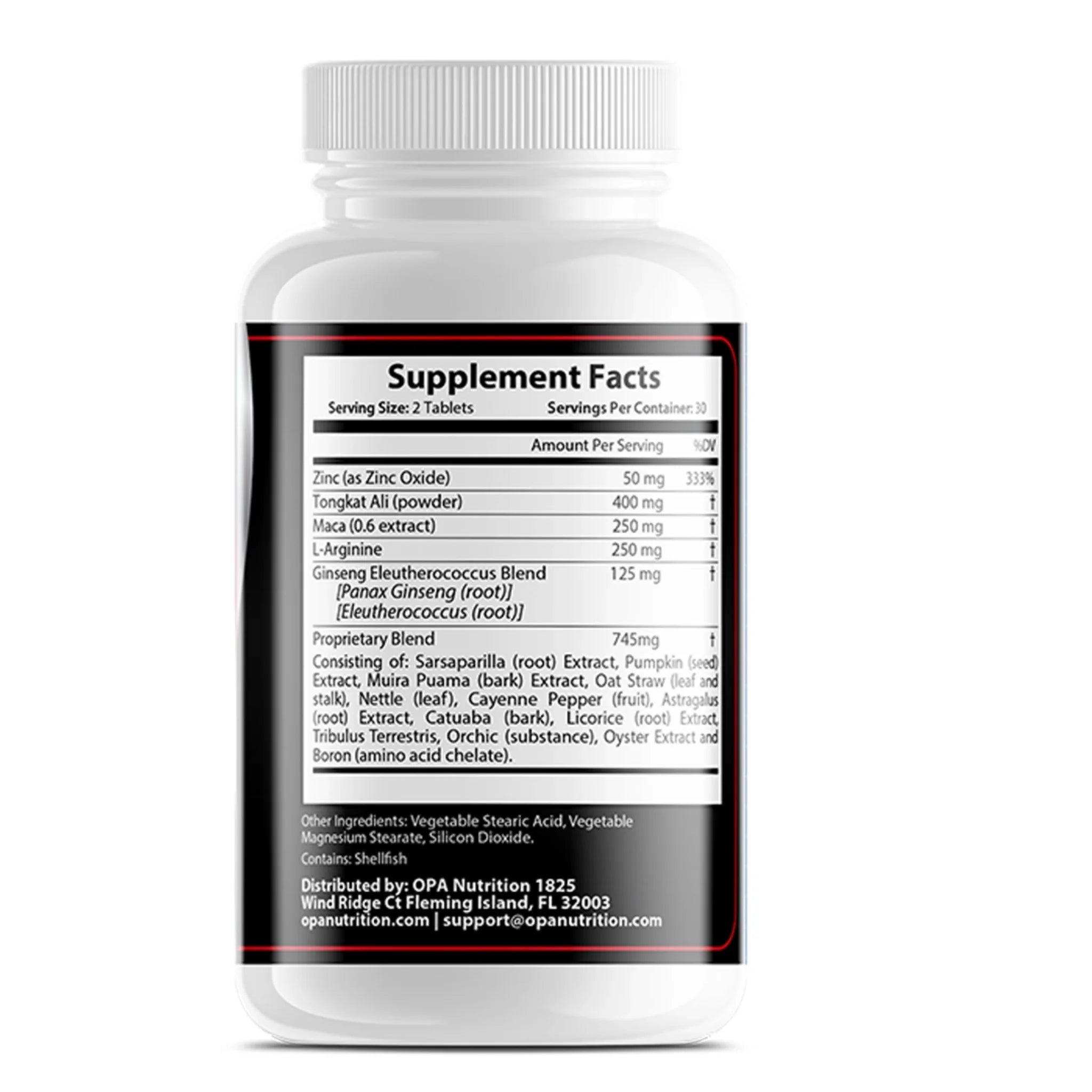 Supplement Facts label on OPA Nutrition Men’s Performance Support showing zinc, tongkat ali, maca, L-arginine, ginseng blend and botanical proprietary blend