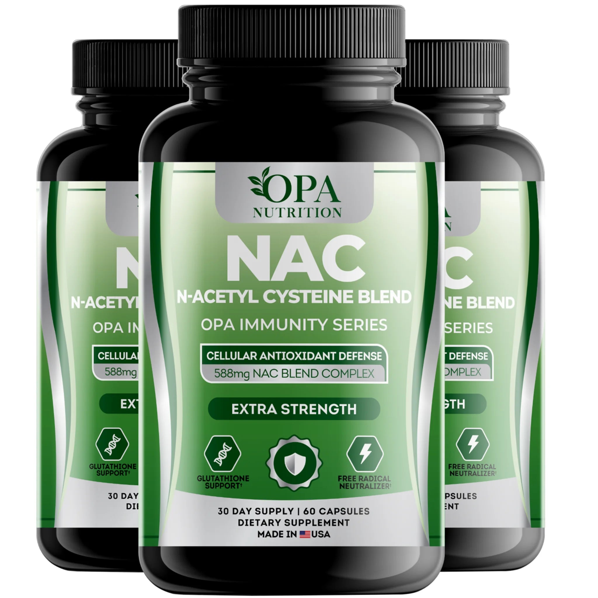 Three-pack of OPA Nutrition NAC N-Acetyl Cysteine Immunity Series supplement bottles for antioxidant and glutathione support