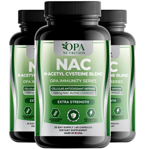 Three-pack of OPA Nutrition NAC N-Acetyl Cysteine Immunity Series supplement bottles for antioxidant and glutathione support